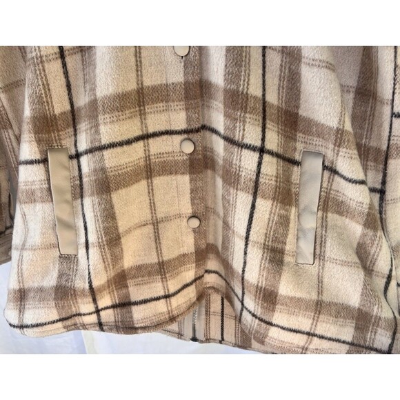 Maniere De Voir Jacket Womens 10 Brown Wool Plaid Zip Back Faux Leather Hooded - Picture 3 of 9